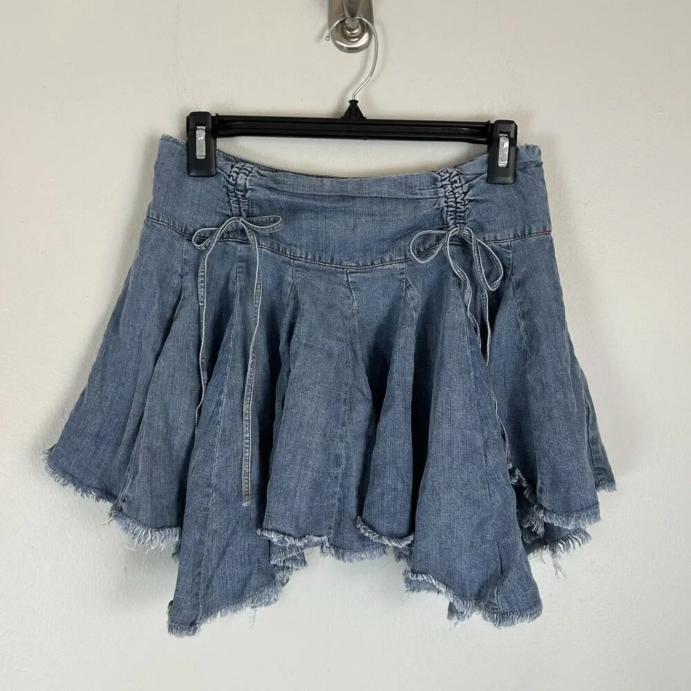 Mustard Seed Denim Mini Skirt S Ruffle Asymmetrical Hem Western Country Concert